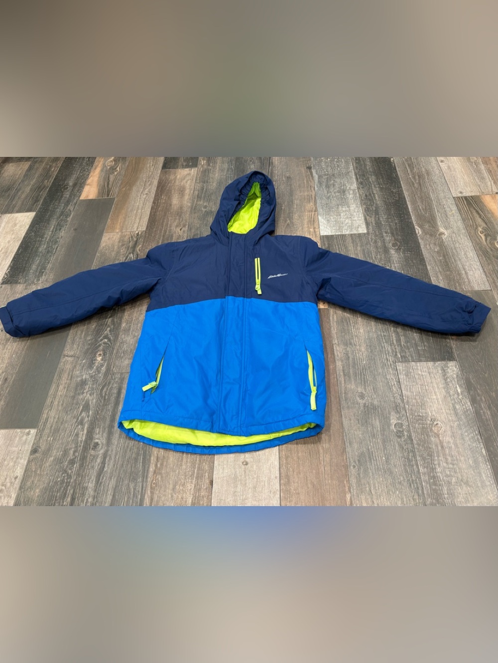 Eddie Bauer Boys Blue Puffer Jacket Hooded  Lined Quilted Coat L 14 Color block